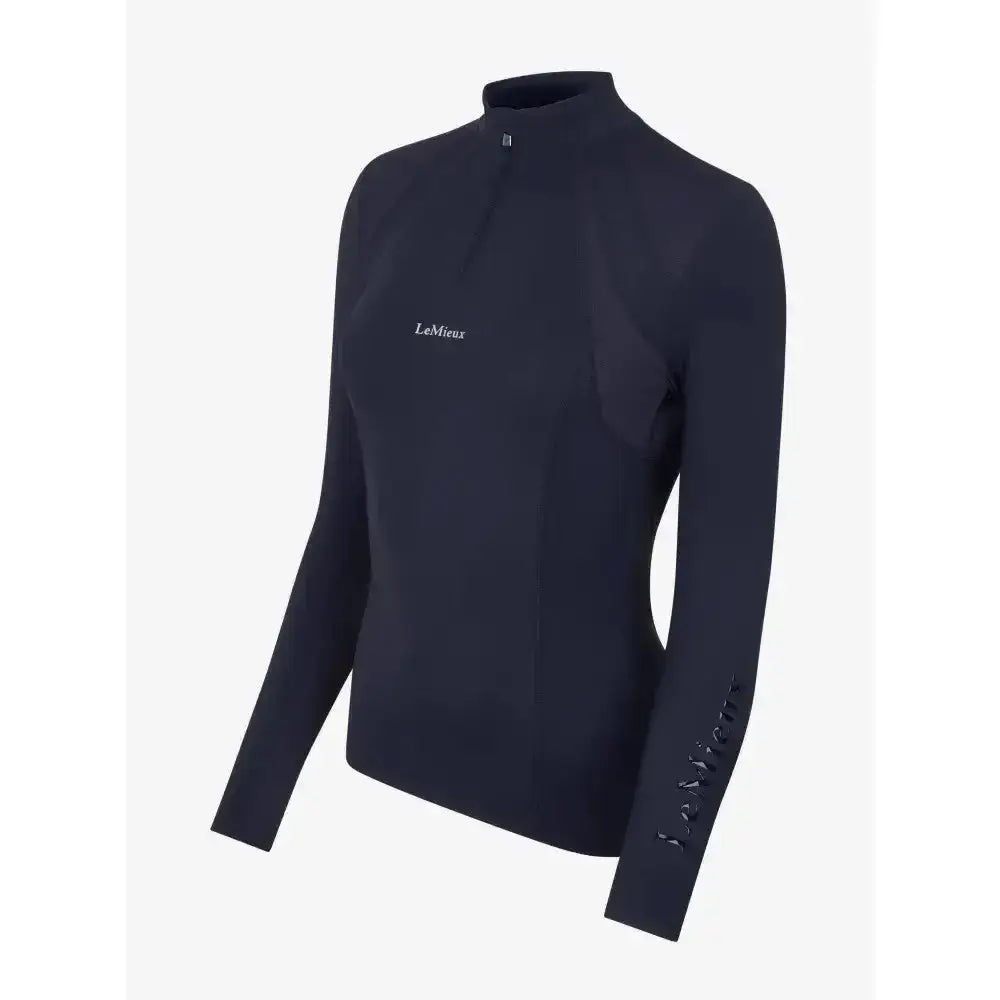 Black lemieux mia mesh long sleeve base layer with high neck and subtle white branding on chest and sleeve