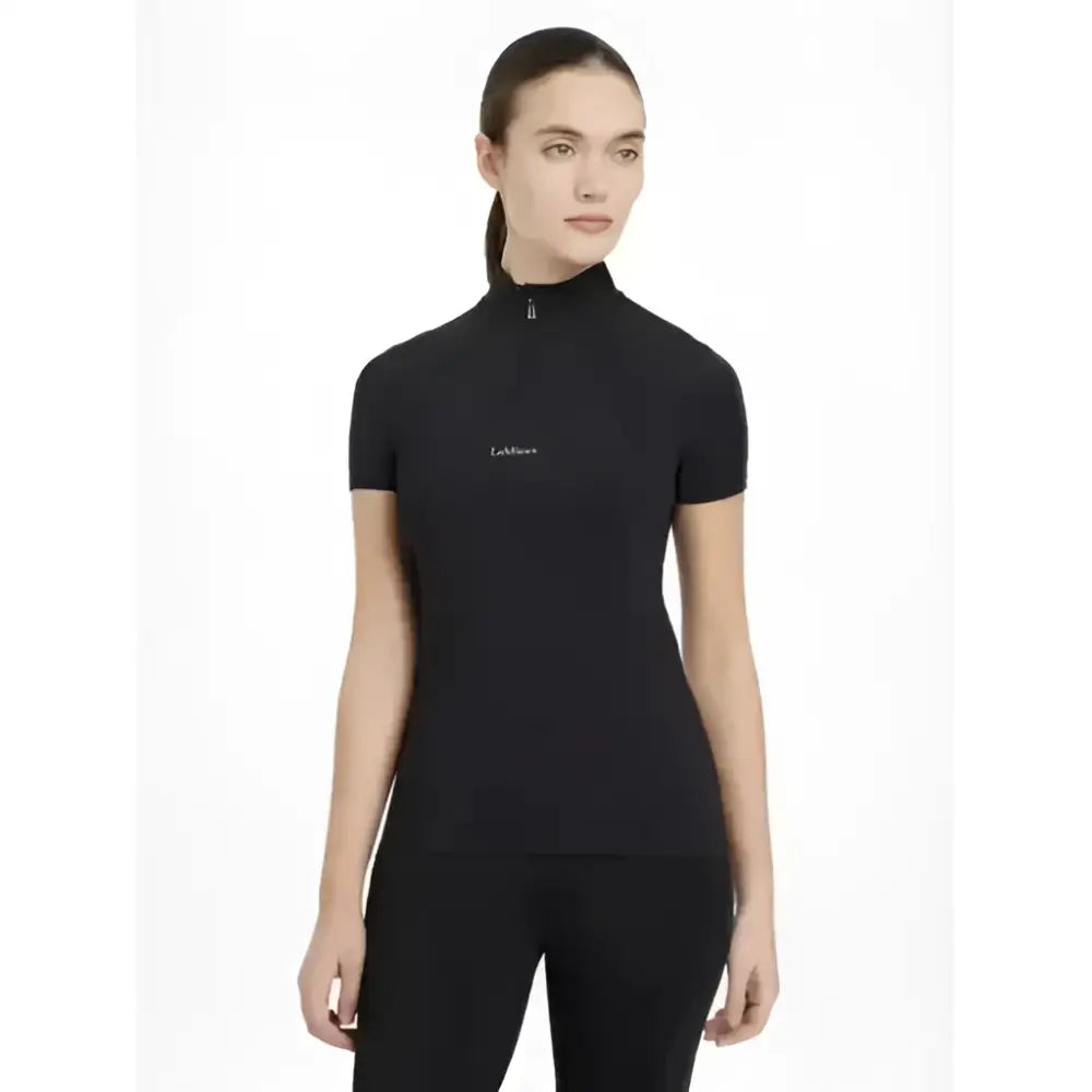Black lemieux mia mesh short sleeve base layer with high collar zipper and subtle white chest embroidery