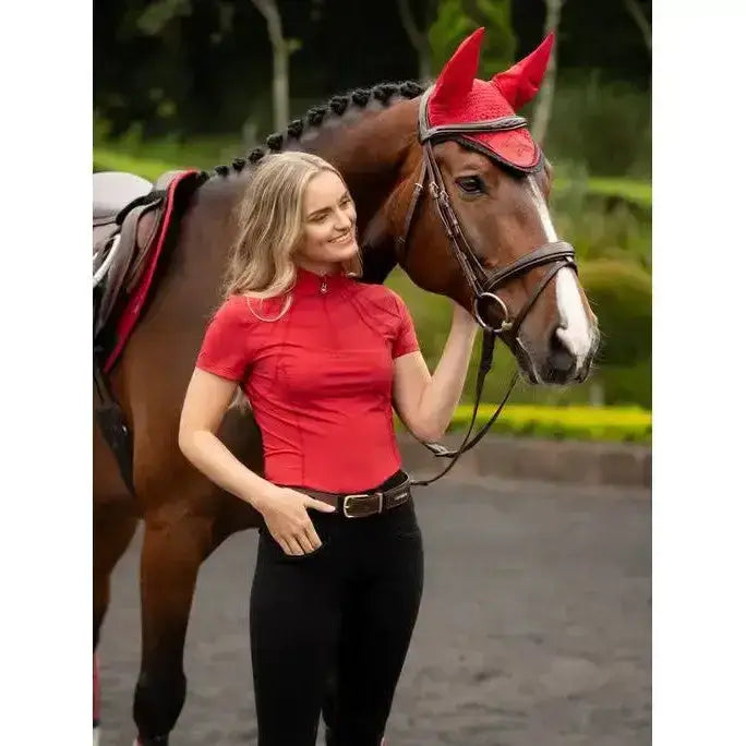 Red short sleeve base layer with high collar lemieux mia mesh perfect for equestrian activities