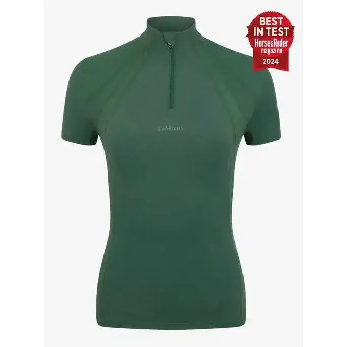 Dark green lemieux mia mesh short sleeve base layer with half-zip collar and subtle branding on chest
