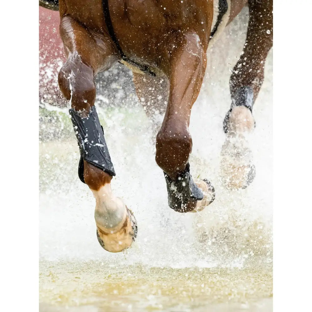 Black lemieux mimsafe xc boot front on a brown horse splashing through water for durable leg protection