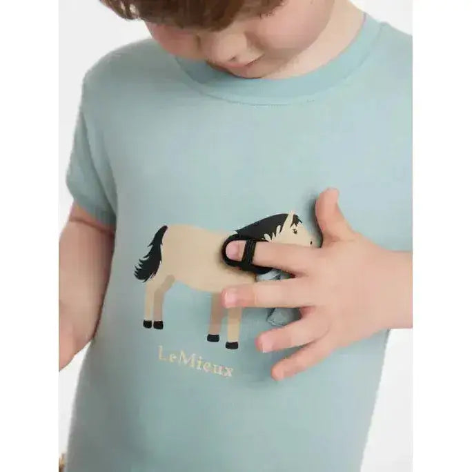 Light blue lemieux mini alex short sleeve tee with beige horse graphic and gold lemieux branding alex tee aqua