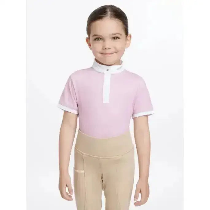Pink short-sleeved lemieux mini bella equestrian shirt with white collar and sleeve trim for show use