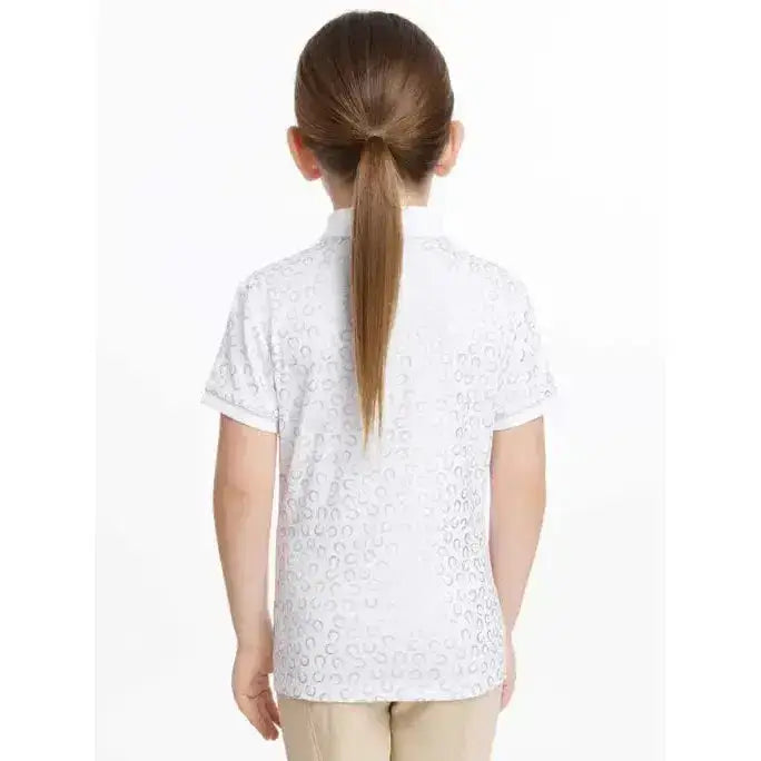 White short-sleeved lemieux mini bella polo shirt white horseshoes with subtle textured pattern perfect for riding