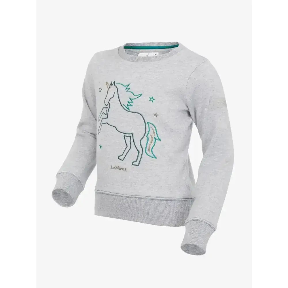 Gray lemieux mini camilla crew sweatshirt with green outlined fully embroidered horse and star design
