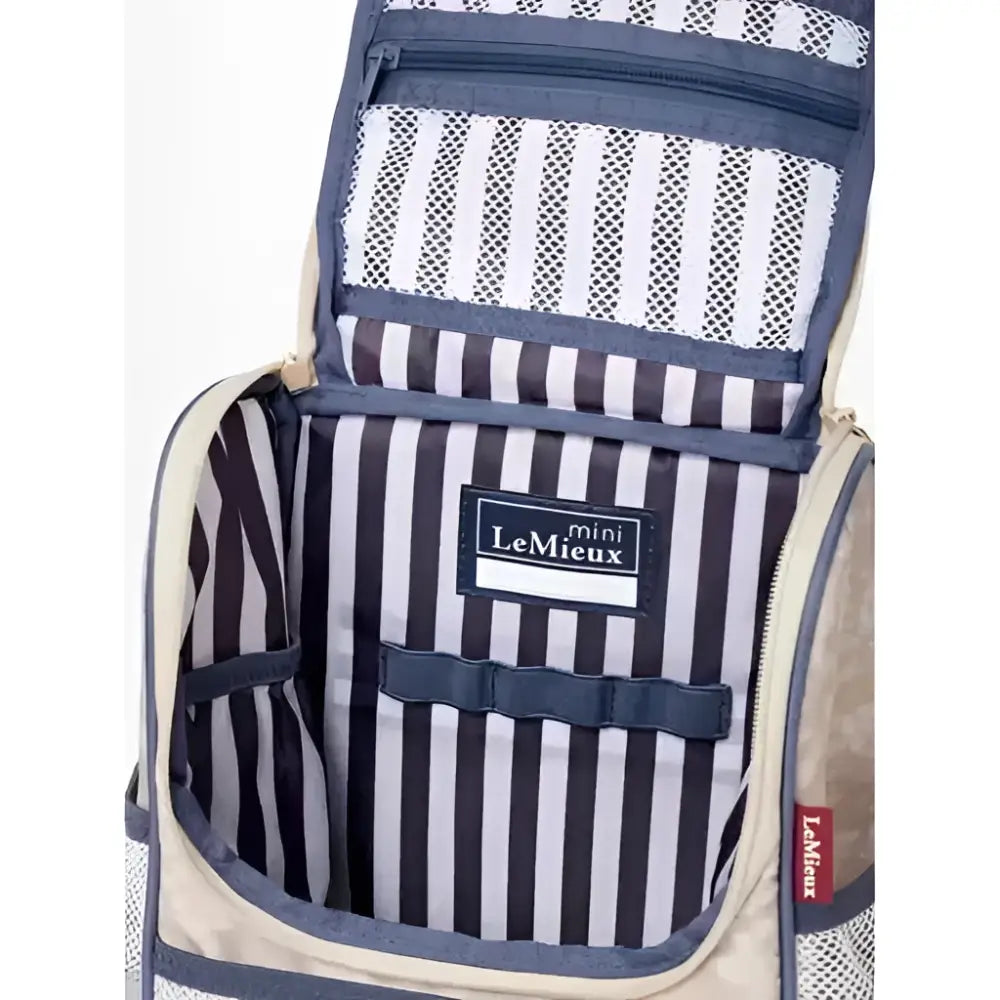 Striped black and white lemieux mini character toiletry bag interior with navy trim mesh pockets in mini character backpack dream