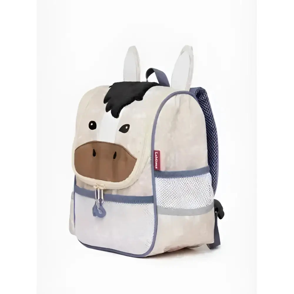 A cream-colored lemieux mini character backpack with soft ears mesh pocket and blue trim featuring black and brown accents