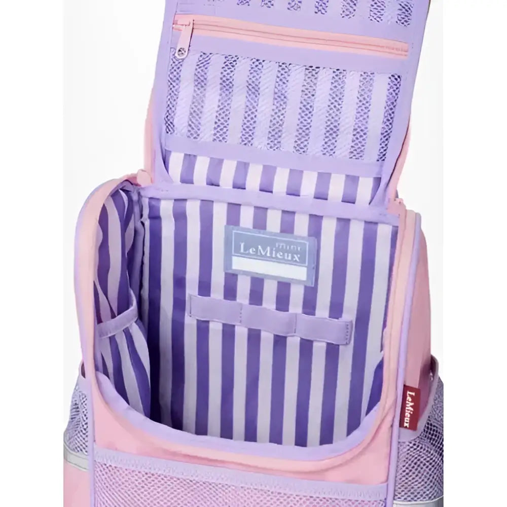Pink and lavender striped mesh lemieux mini character backpack with branded label character backpack unicorn