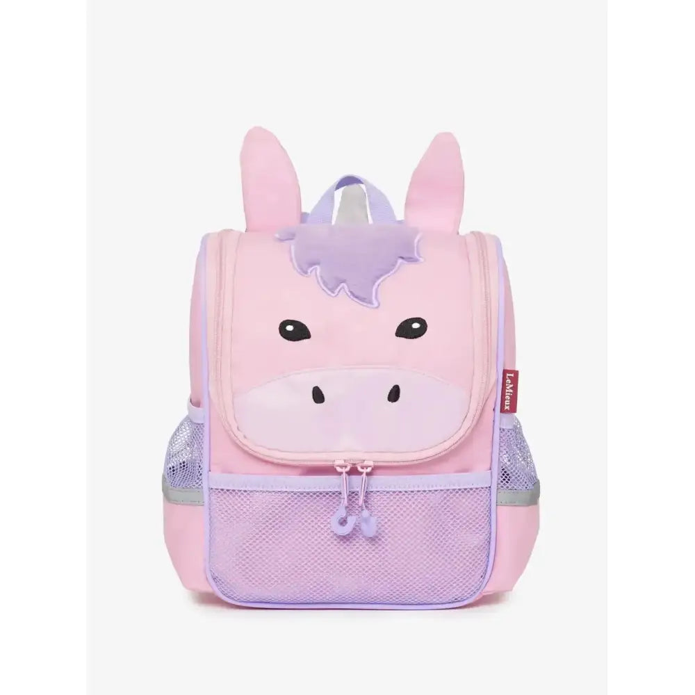 Pink lemieux mini character backpack unicorn with soft fabric, purple mane, ears, and mesh side pockets