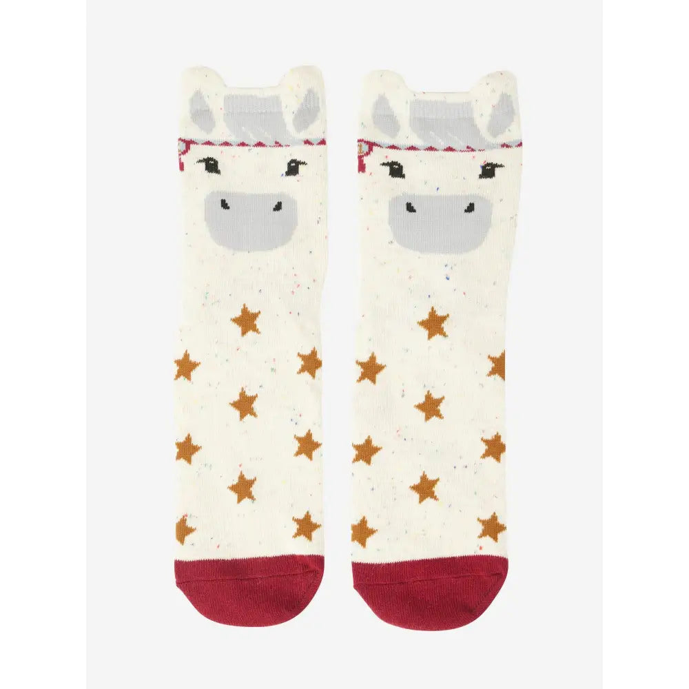 Cream-colored lemieux mini character socks with playful unicorn face gray details gold stars and red toe caps