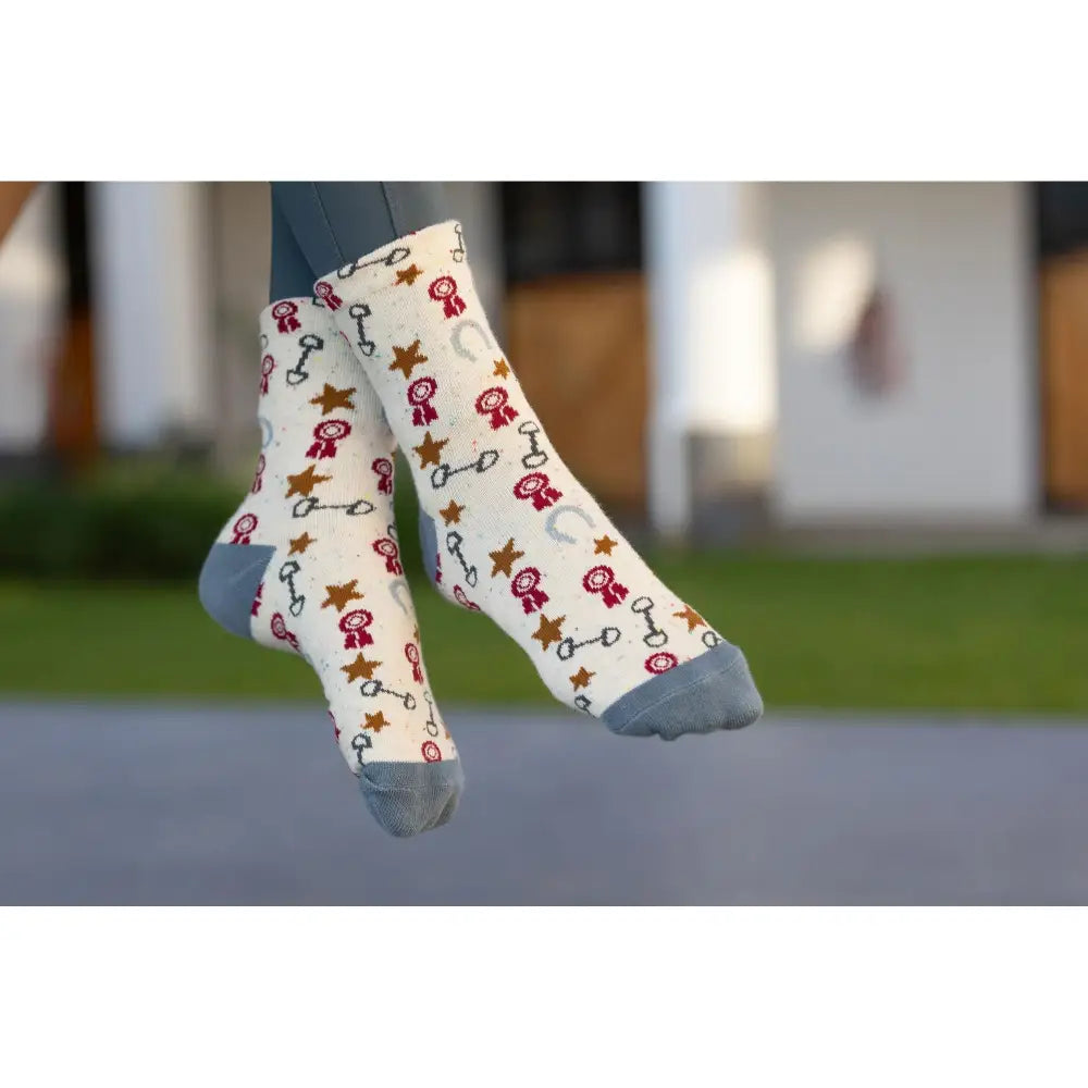 Lemieux mini character white socks with red ribbons gold stars and black horse bits gray toe caps mini character socks