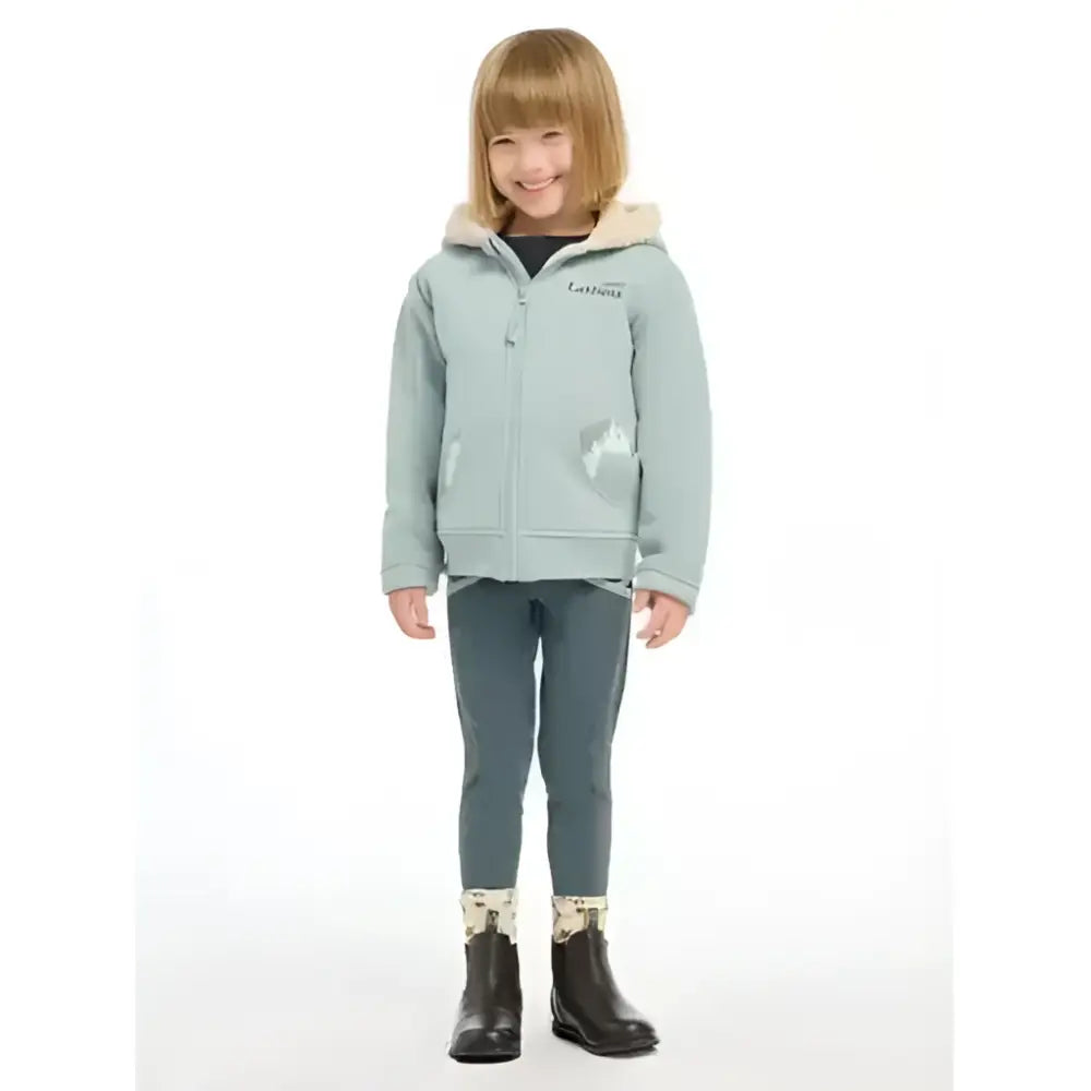 Lemieux mini charlie hoodie glacier in light blue with super snuggly lined fleece hood and subtle white embroidery on chest