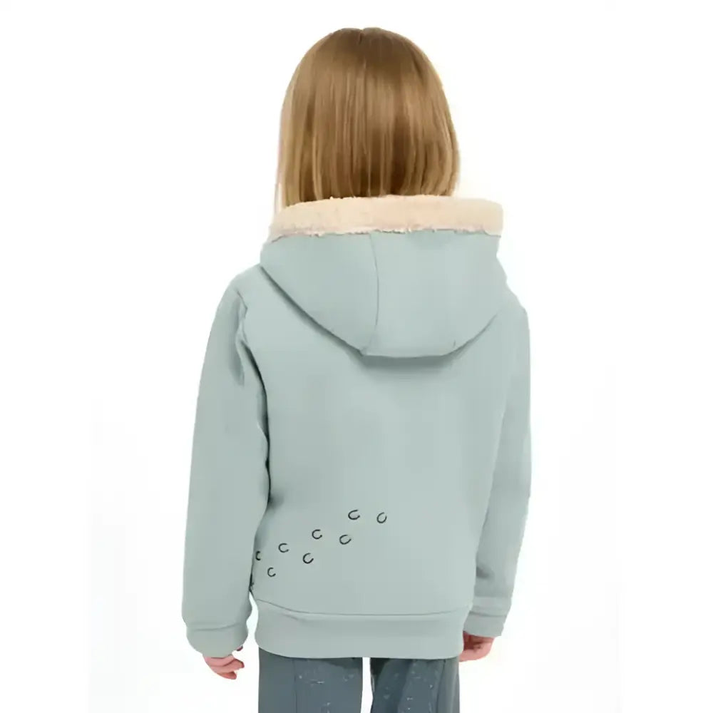 Back view of lemieux mini charlie super snuggly lined hoodie glacier in soft mint green with plush beige hood lining and paw prints