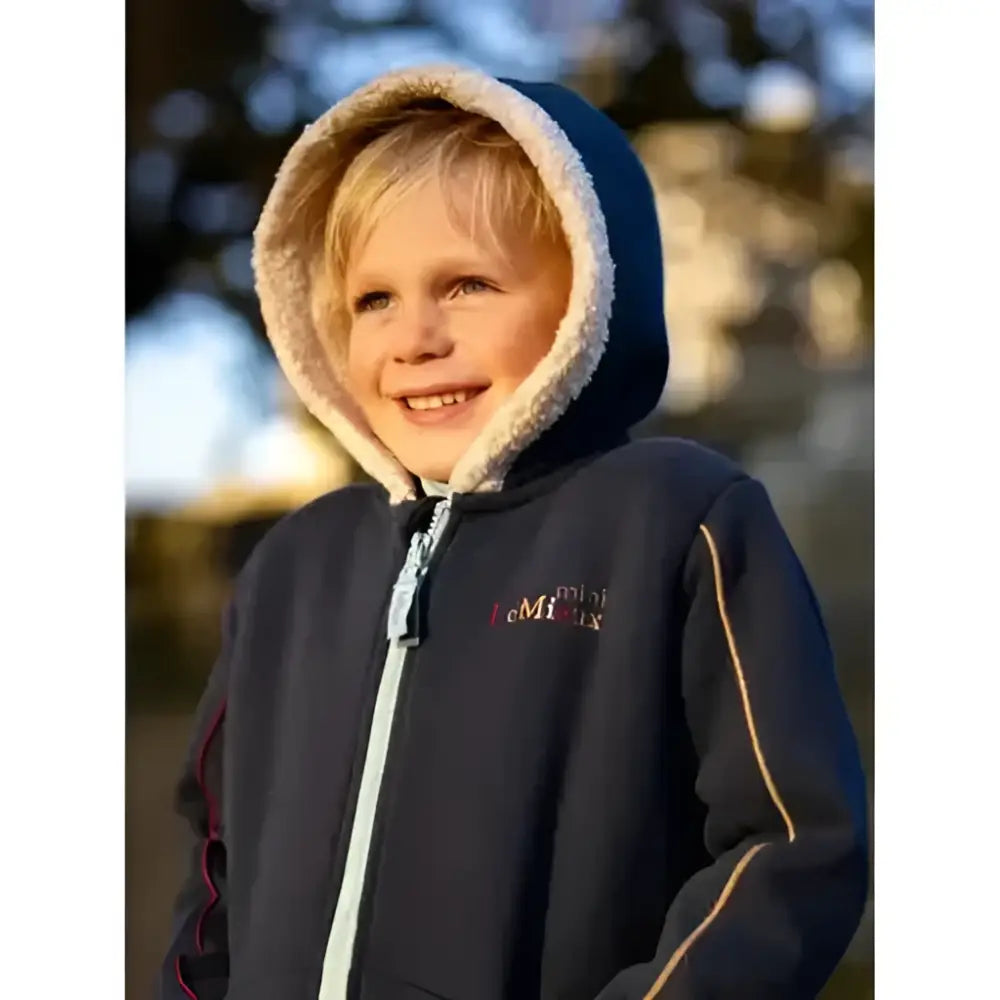 Dark blue lemieux mini charlie lined hoodie with plush light fleece hood and subtle gold piping along seams