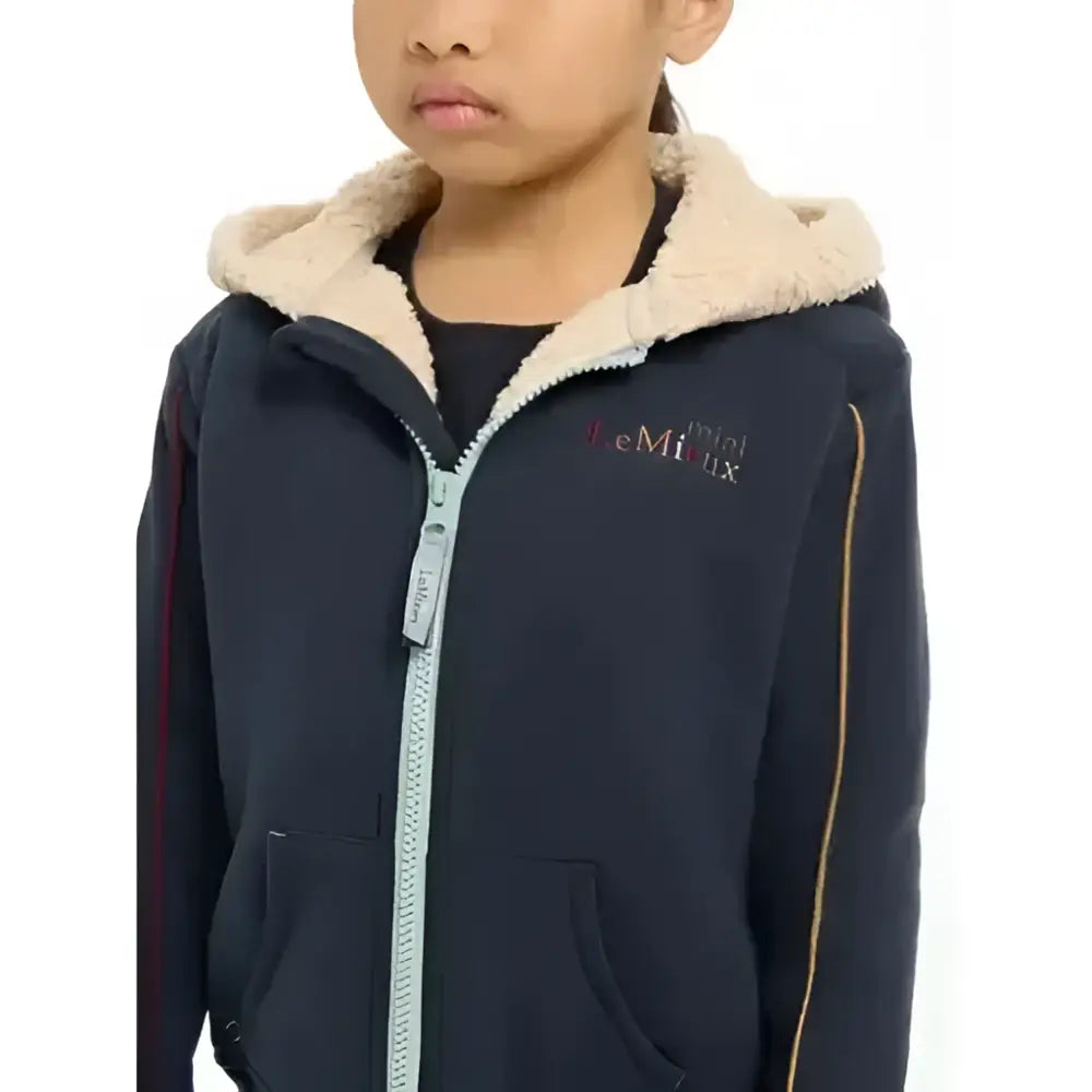 Dark navy lemieux mini charlie lined hoodie with cream fleece-lined hood and matching side stripes