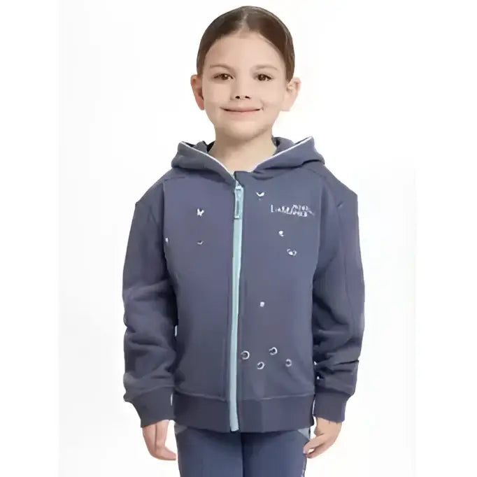 Navy blue lemieux mini charlie zip hoodie with white embroidery and light gray zipper trim perfect for casual wear