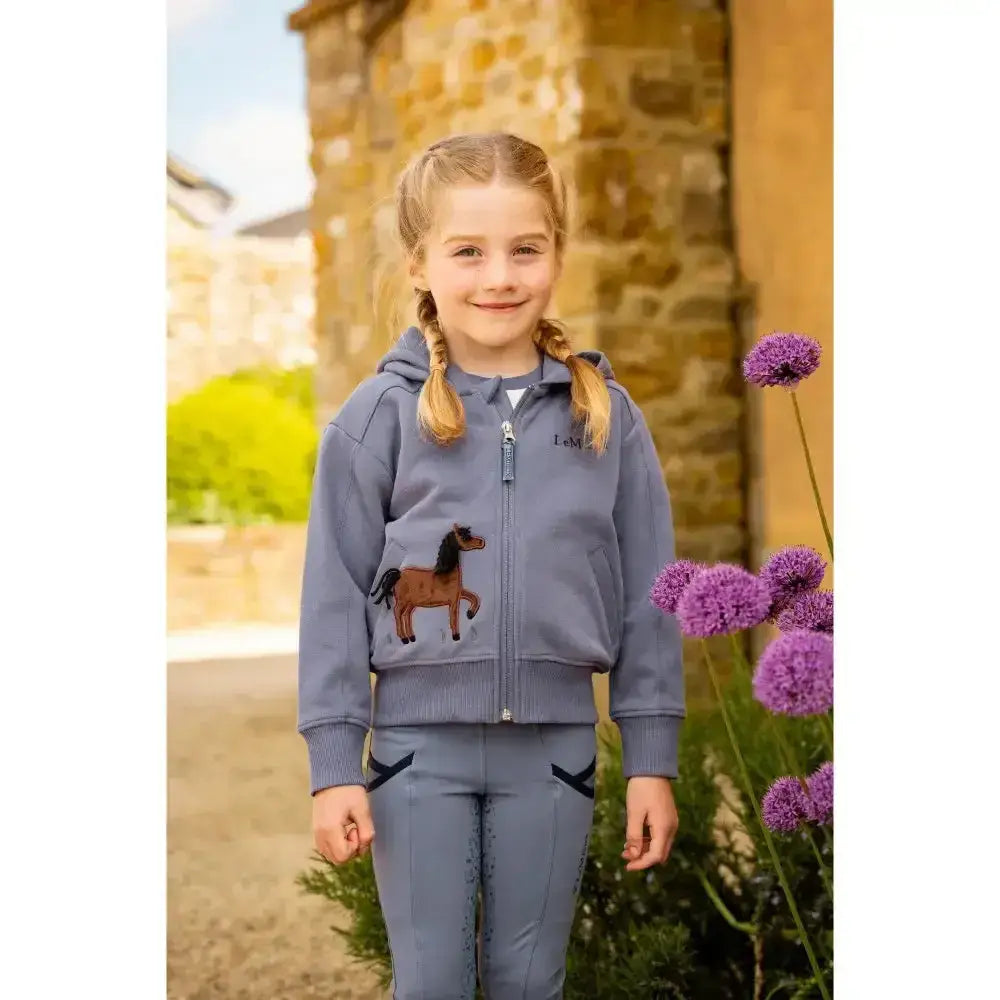 Gray lemieux mini charlie zip hoodie with brown horse embroidery and matching jay blue pants with black trim details