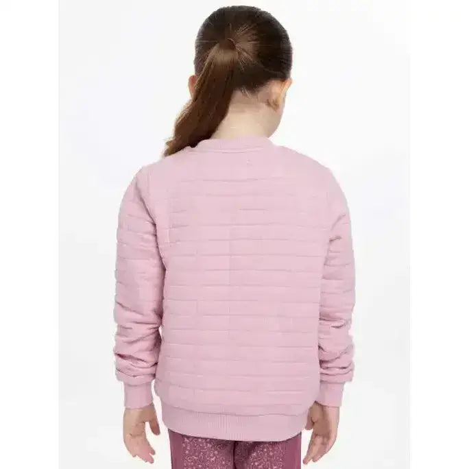 Lemieux mini cici soft pink quilted bomber jacket with horizontal stitching and ribbed cuffs in cici crew blossom style