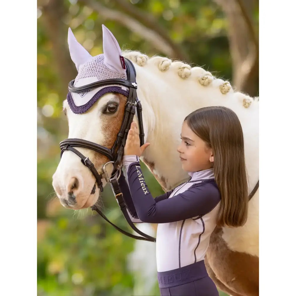 Purple and white mesh lemieux mini classic fly hood with adjustable straps face veil for horse protection