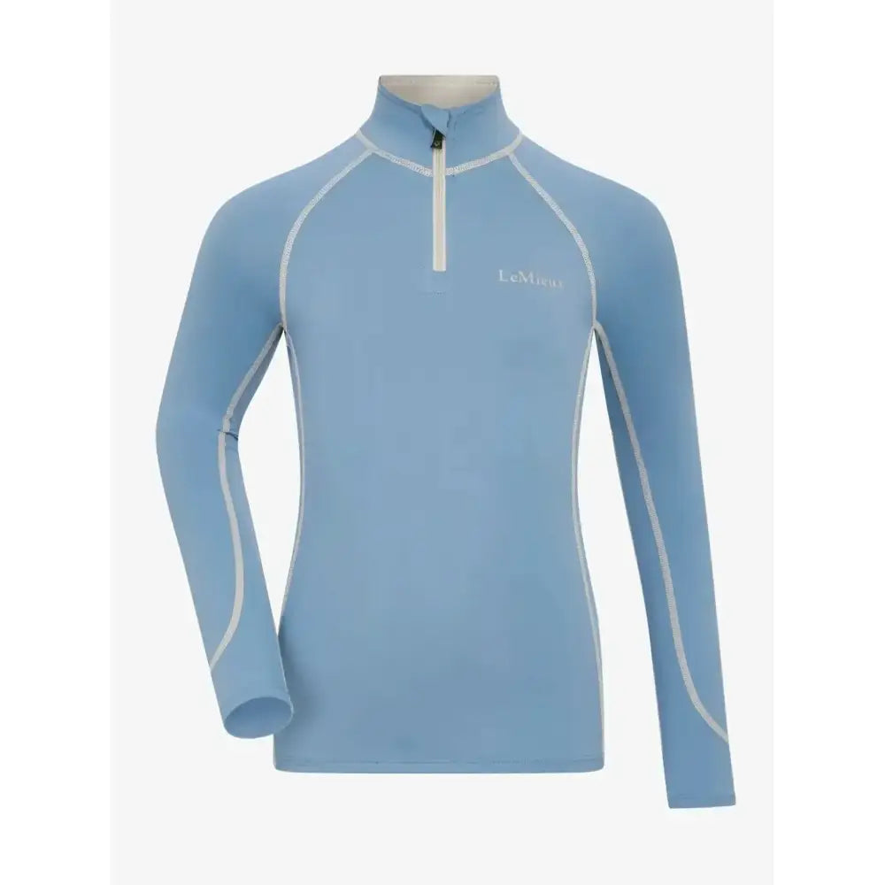 Light blue lemieux mini classique long sleeve performance top with white zipper and trim classic base layer ice blue