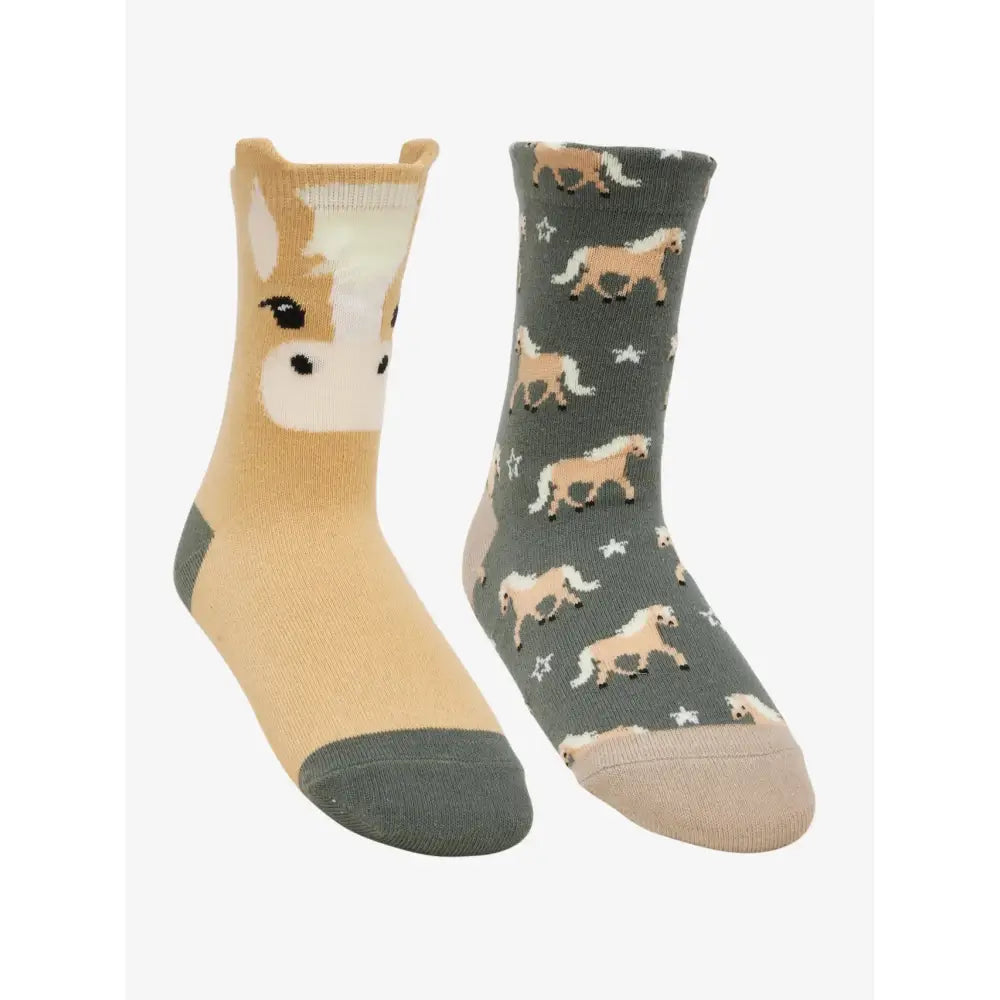 A lemieux mini cotton 2 pack of whimsical character socks haflinger featuring tan horse face and beige horses on charcoal