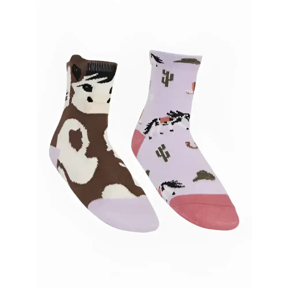A pack of lemieux mini cotton socks paint pony with playful horse and cactus designs in brown and lilac colors