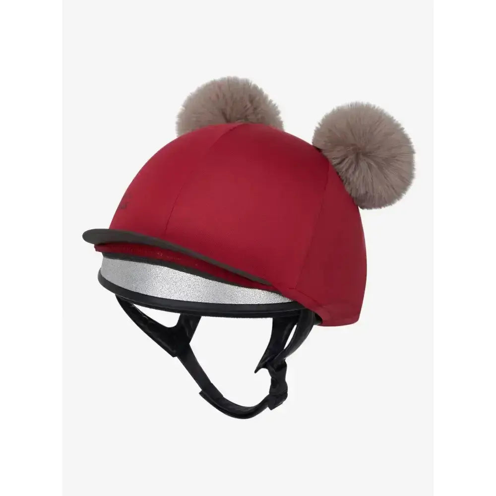 Red lemieux mini double pom hat silk ember with beige faux fur double pom poms on top