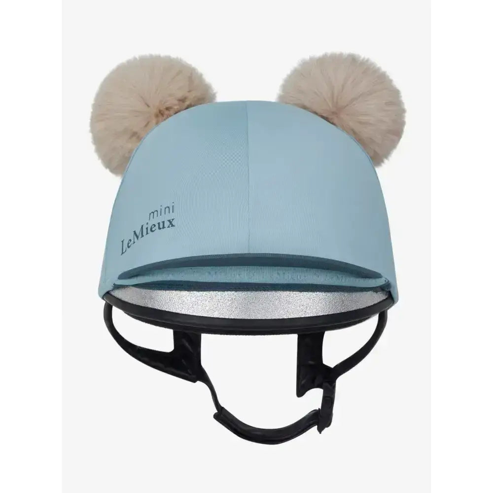 Light blue lemieux mini double pom hat silk glacier helmet cover with beige pom-pom ears for riding safety