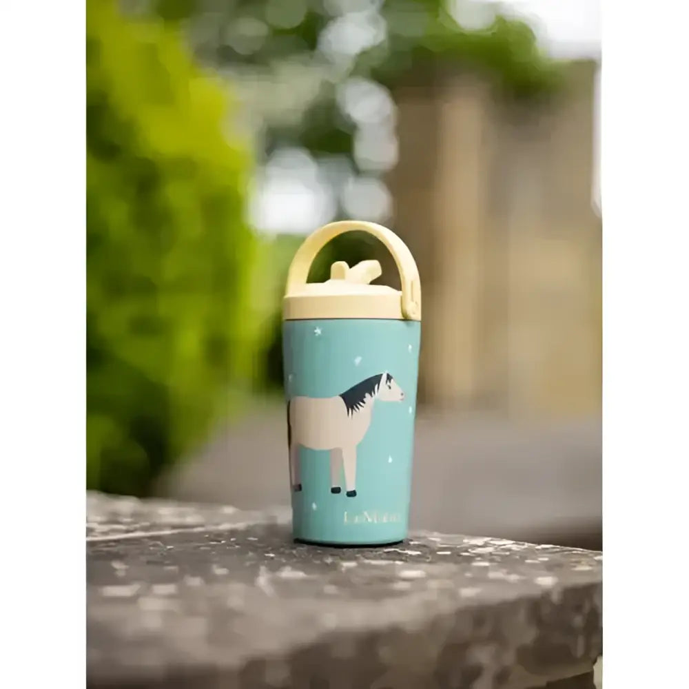 Lemieux mini drinks light blue insulated sippy cup with yellow handle and white horse design perfect for kids
