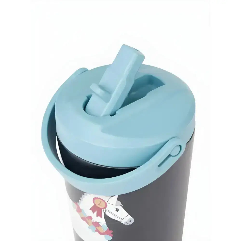 Lemieux mini drinks navy mini drinks bottle with light blue silicone lid and white horse on vacuum-insulated stainless steel
