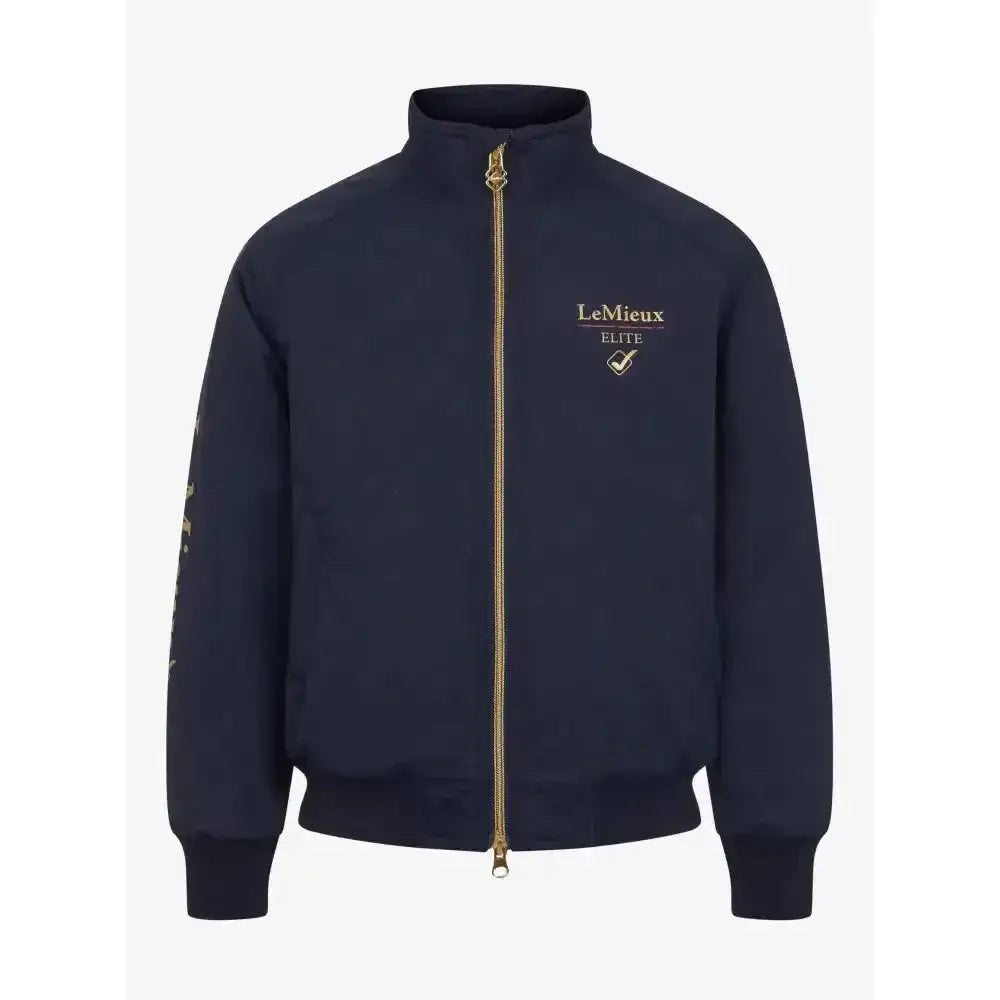 Navy blue lemieux mini elite team jacket with gold zipper embroidered logo and fully taped seams for outdoor use