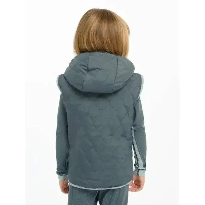 Gray quilted hooded lemieux mini elsie reversible gilet with diamond stitching and light gray trim reversible gilet petrol