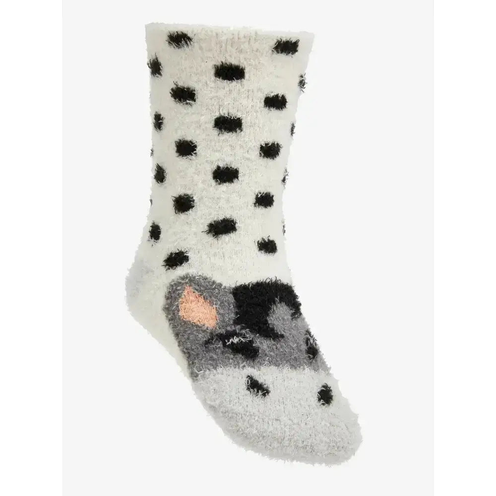 White fluffy character socks with black polka dots and gray cat face lemieux mini fluffy character socks dakota