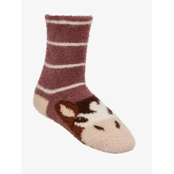 Cozy lemieux mini fluffy character socks duke in maroon and cream with plush fabric and cute cow face design on foot