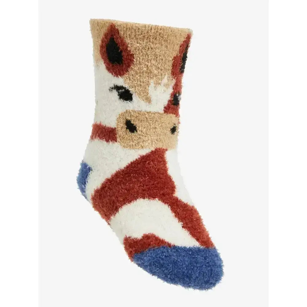 Lemieux mini fluffy character socks with a cute horse face, tan white fur texture, red stripes, black eyes, and blue toe