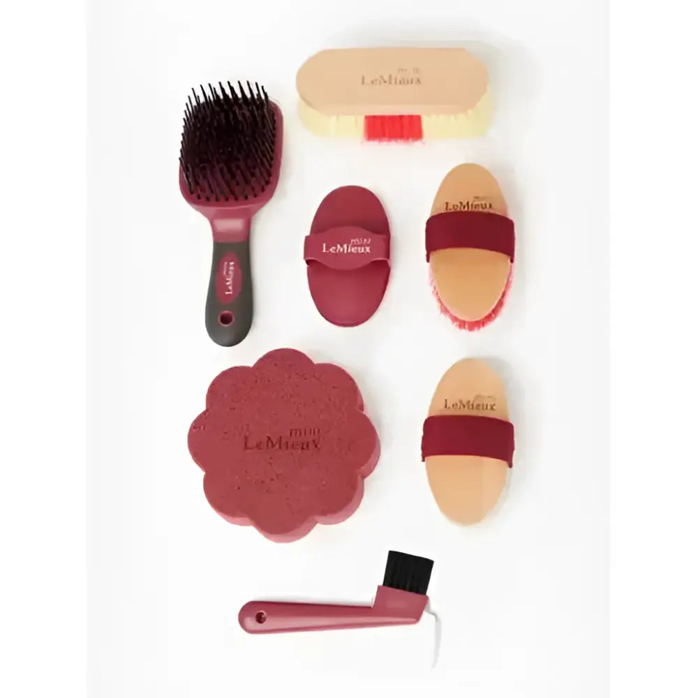 Lemieux mini grooming set red with natural bristles in rich burgundy cream and red tones for horse care