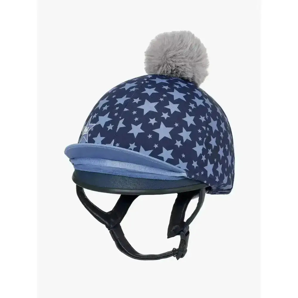 Navy blue star-patterned lemieux mini hat silk indigo with gray faux fur pom-pom from the lemieux indigo collection