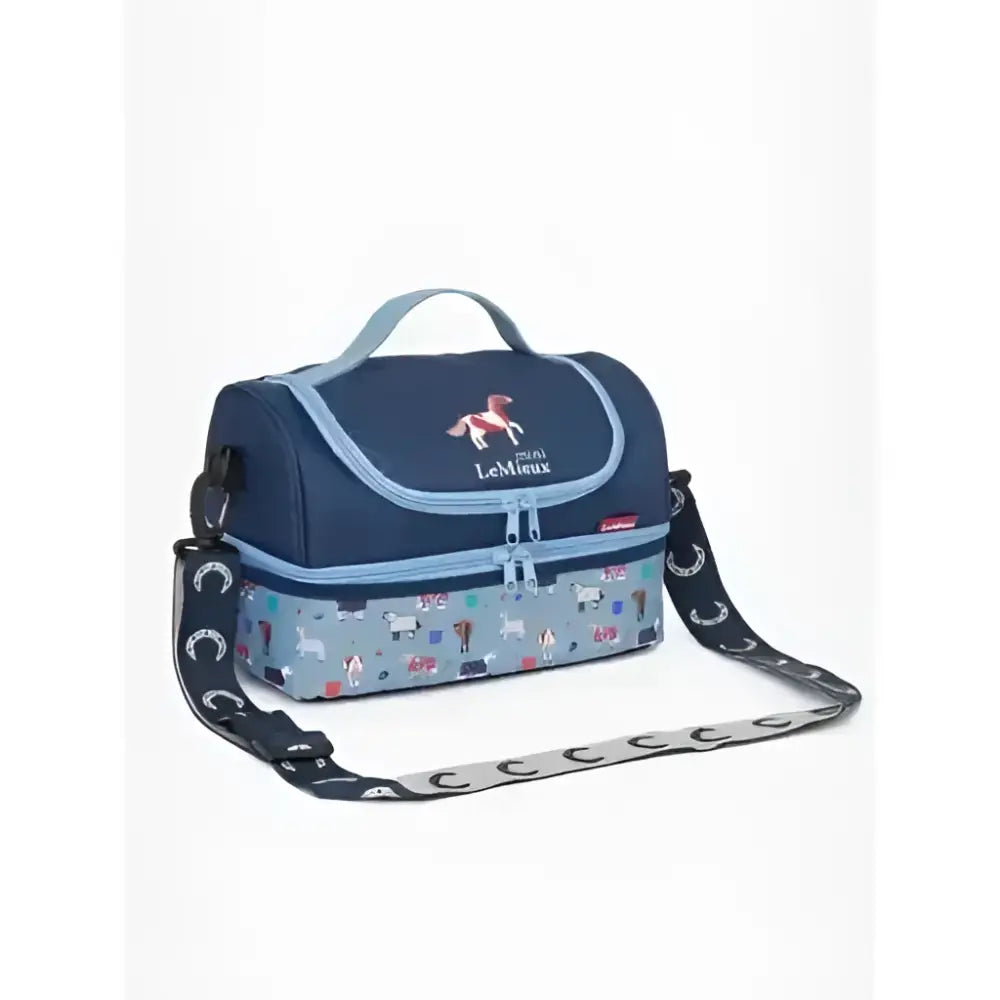 Navy blue and light blue lemieux mini holdall with two compartments horse embroidery and patterned straps