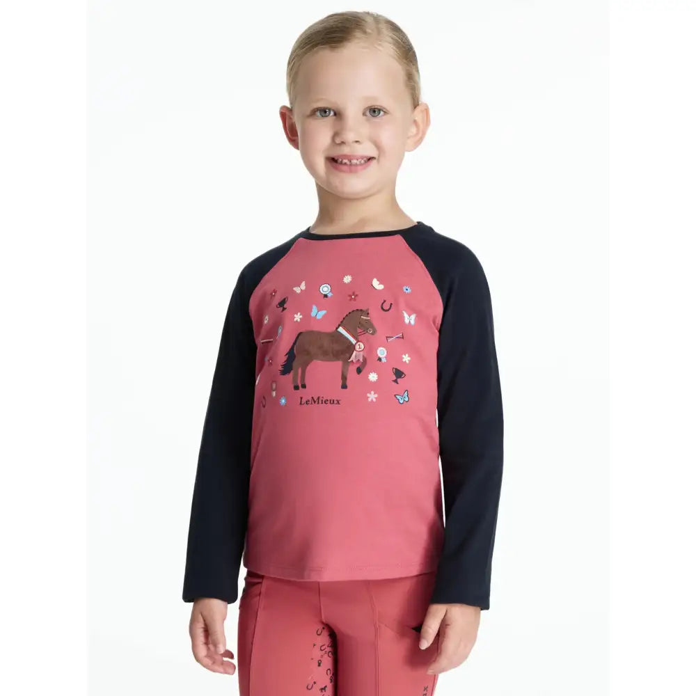 Pink and navy lemieux mini jamie chancer long sleeve top with horse graphic perfect for kids in cranberry color