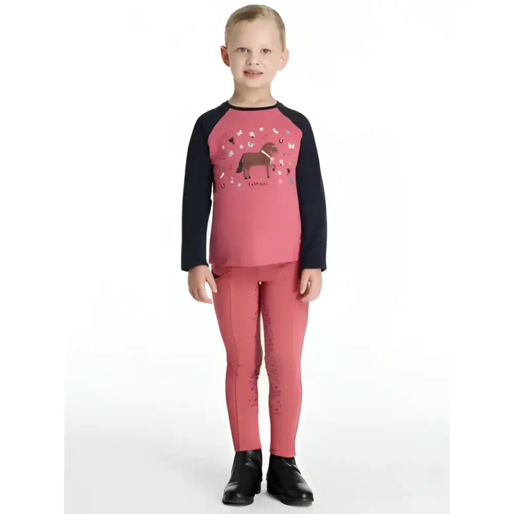 Pink and black lemieux mini jamie chancer long sleeve top for kids with horse graphic in cranberry color