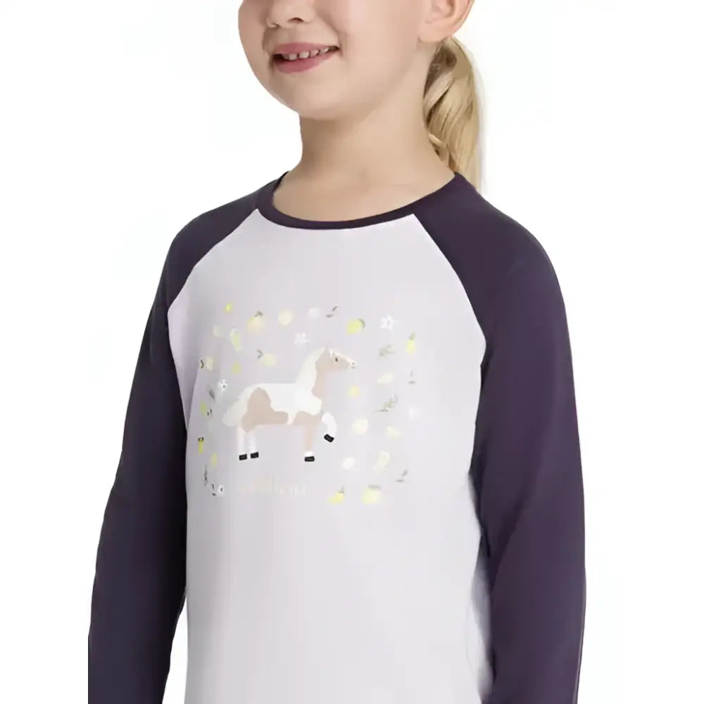 White and navy lemieux mini jamie lemon long sleeve top with a whimsical pastel unicorn graphic in soft lilac tones