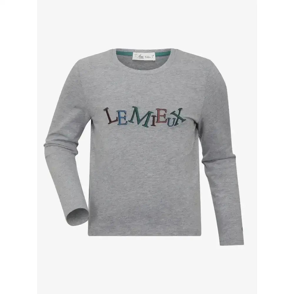Gray lemieux mini jamie long sleeve sweater with le mieux multicolored embroidery across the chest