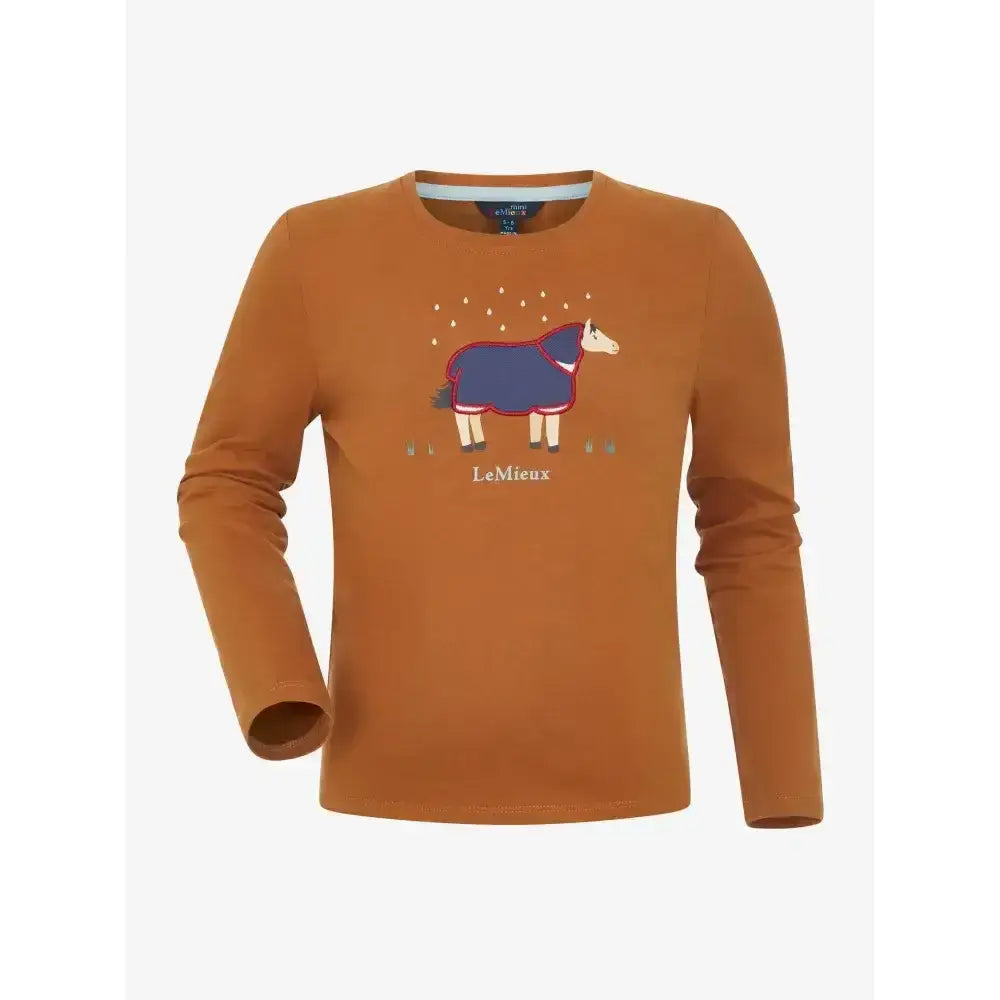 Lemieux mini jessie warm orange classic relaxed-fit long-sleeved top with playful cartoon sheep in nep cluster-textured fabric