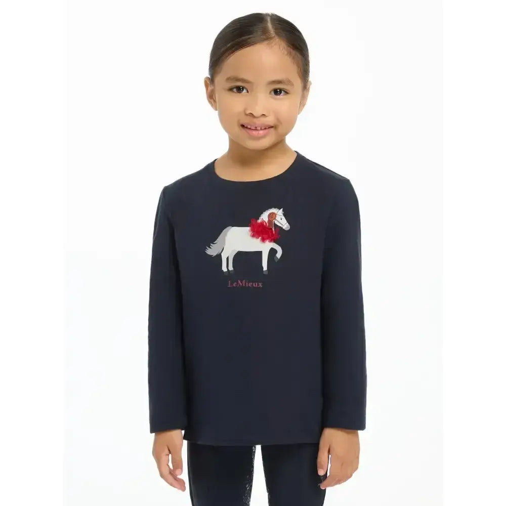 Navy lemieux mini jessie long-sleeved top with embroidered white horse and nep cluster-textured fabric in classic relaxed fit