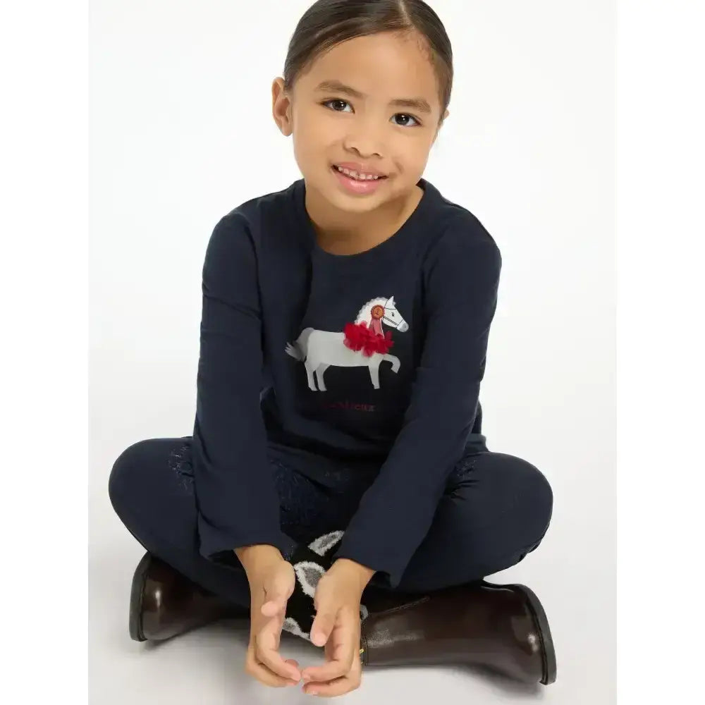Navy lemieux mini jessie classic relaxed-fit long-sleeved top with white horse graphic and nep cluster-textured fabric