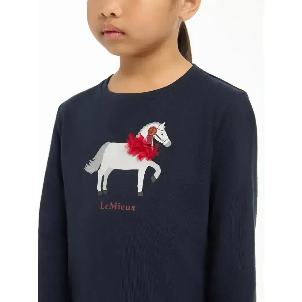 Navy lemieux mini jessie classic relaxed-fit long-sleeved top in nep cluster-textured fabric with white horse embroidery