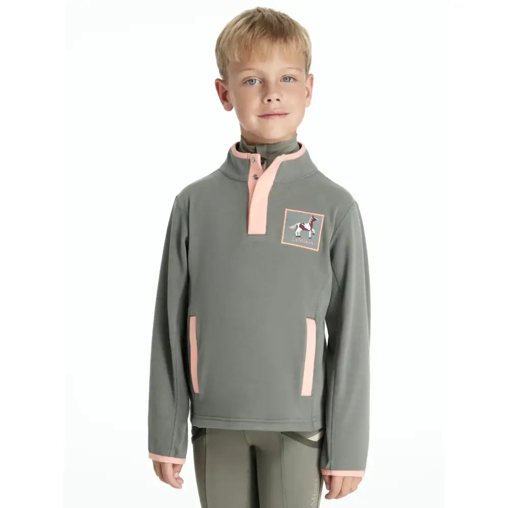 Gray fleece quarter-zip lemieux mini mae jacket with pink trim and horse patch perfect for layering in cool weather