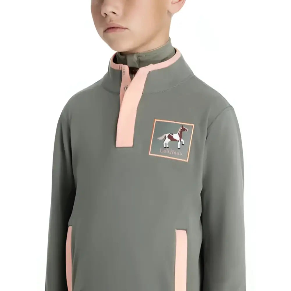 Gray lemieux mini mae fleece jacket with pink trim and horse logo patch featuring half-zip popper style