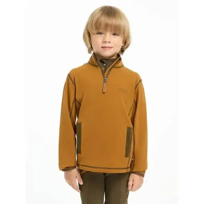 A child wearing a lemieux mini mari micro fleece ginger jacket with mustard yellow and dark green panels