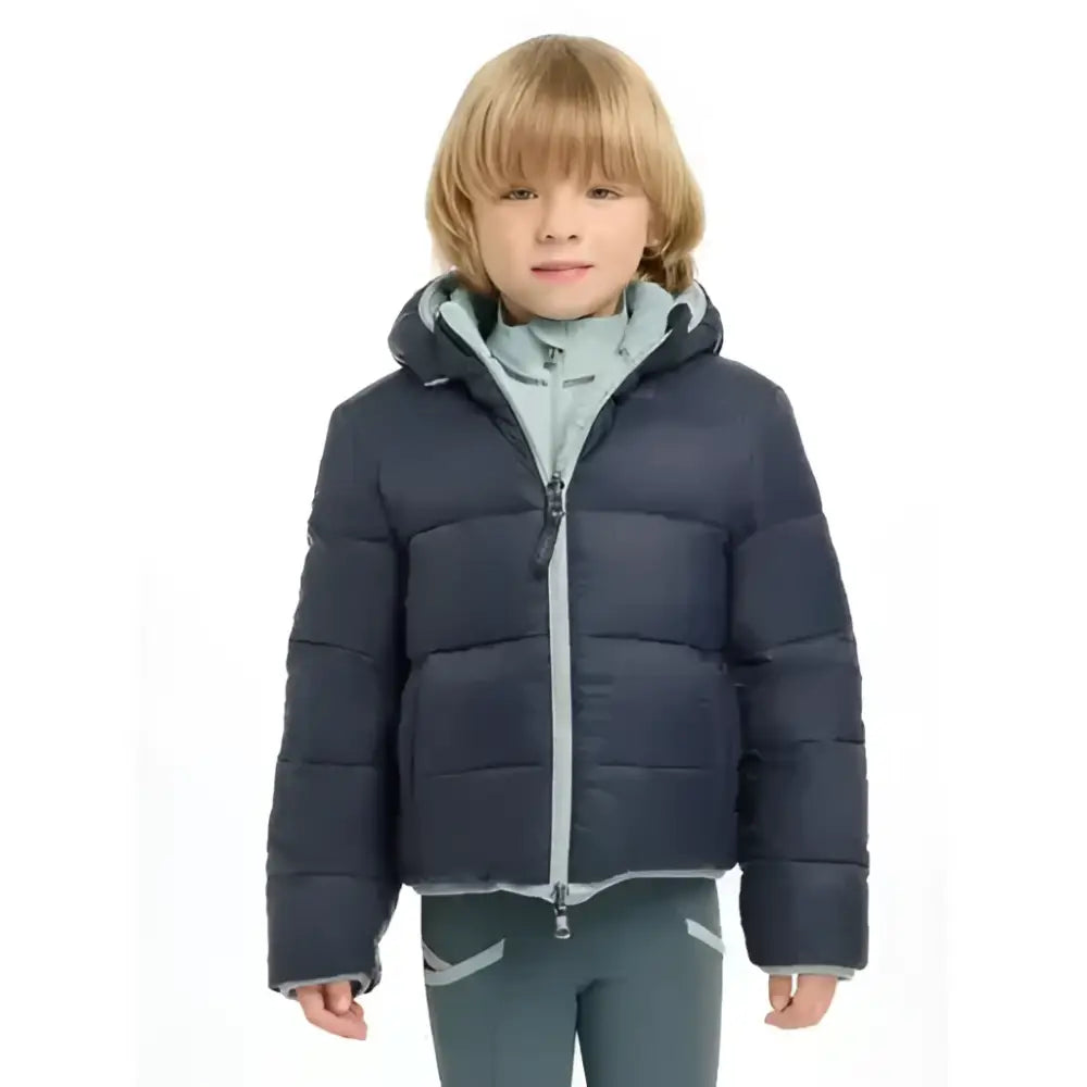 Navy blue quilted lemieux mini megan reversible puffer with gray lining and zipper trim for kids